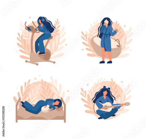 Set of illustrations with the daily life of a girl (woman). 4 illustrations: sports, sleep, guitar, morning routine. Vector, design © Анастасія Прокопчук