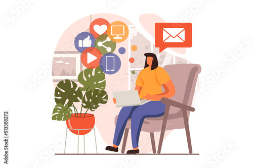 Social media marketing web concept in flat design. Woman browsing content and ads online  chatting and posting  receive promo emails. Advertisement and promotion. Vector illustration with people scene