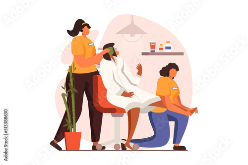 Spa salon web concept in flat design. Professional cosmetologist makes facial mask and beauty skin care procedure, masseuse making massage foots of female client. Vector illustration with people scene