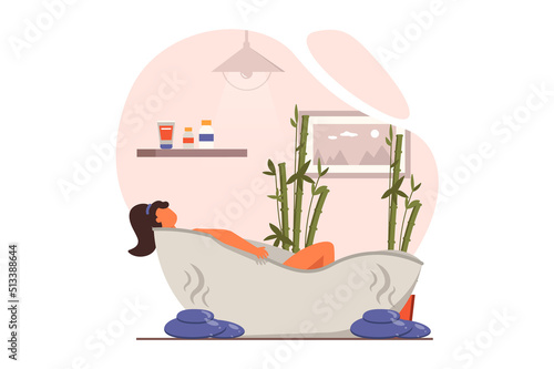 Spa salon web concept in flat design. Woman lies in bath and receives skin care procedure, relaxing and enjoys aromatherapy. Cosmetology and hygiene procedure. Vector illustration with people scene