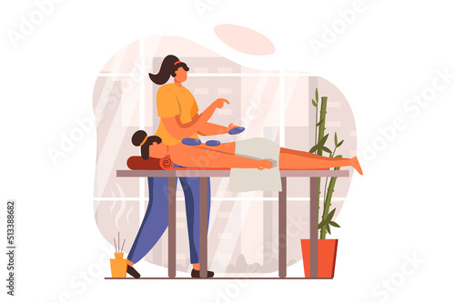 Spa salon web concept in flat design. Professional masseur does manual therapy with hot stones to patient. Woman lying on couch and getting relax back massage. Vector illustration with people scene