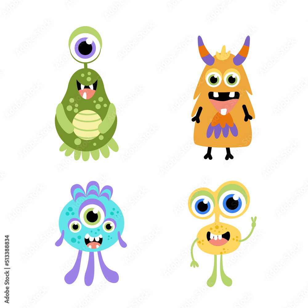 Naklejka premium Monsters set. Cute jolly colorful monsters. Flat, cartoon, vector