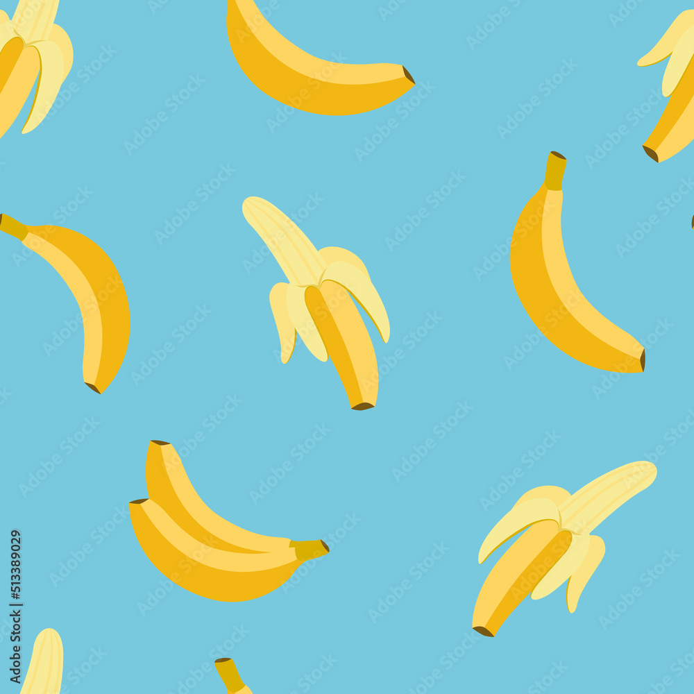 Banana seamless patterns. Peeled banana on blue. Flat, vector Banana seamless patterns. Peeled banana on blue. Flat, vector