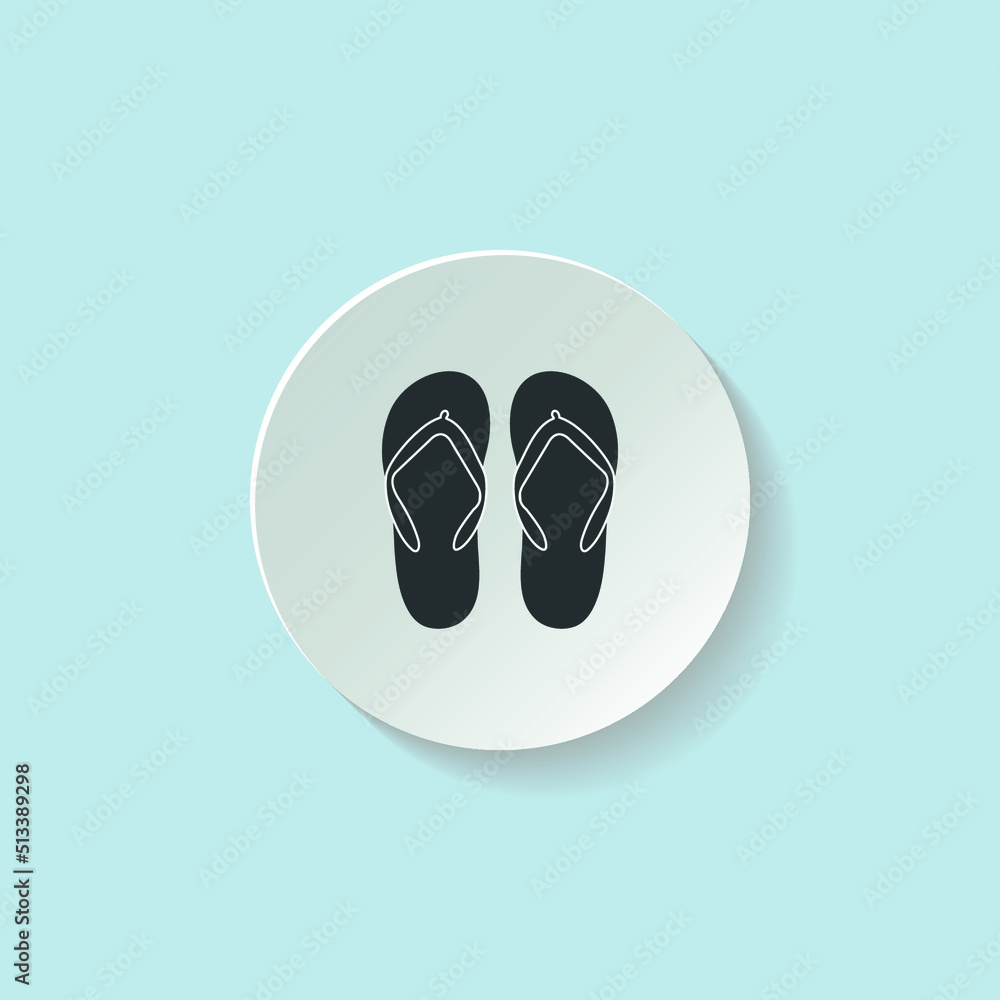 Slippers silhouette on paper cut  button icon  isolated on blue background. White flat round  button in paper style with shadow. Vector illustration in the marine theme.