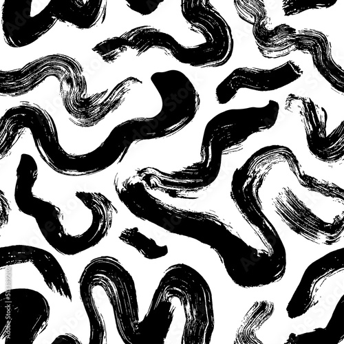 Wavy and swirled brush strokes vector seamless pattern. Bold lines organic ornament. Hand drawn black brushstrokes, rough smears with scribbles. Biological grunge squiggles. Ink wrapping paper.