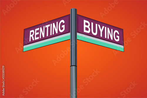 Renting on one side with Buying another direction, chrome road sign, with read and green direction arrow labels, Halloween Orange Background.