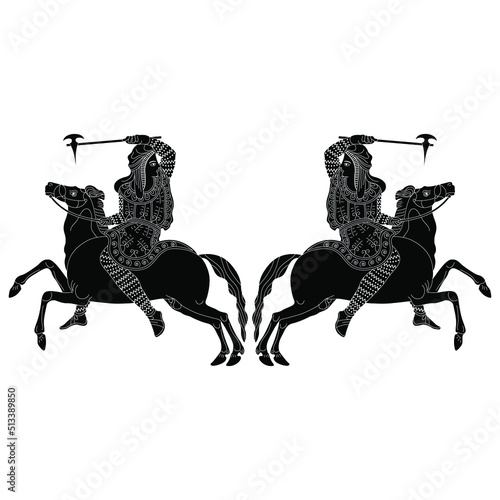 Symmetrical design with two Scythian amazon women riding horses and holding a battle axes. Ancient Greek vase painting style. Black and white negative silhouette.