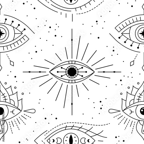 Evil eyes seamless pattern. Line art various talismans, protection. Flat design monochrome modern trendy design