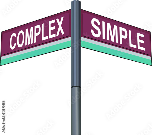 Conceptual Signpost Marking Opposing Ideas, Labeled "COMPLEX" and "SIMPLE" in White Text on Purple Signs, Representing a Choice in Problem-Solving or Design, Isolated on White.