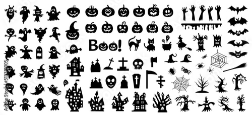 Set of silhouettes of Halloween on a white background. Vector illustration