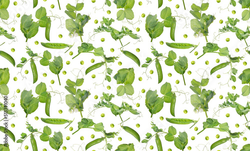 green pea pods and leaves seamless background