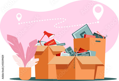 Cardboard boxes with various household items prepared for transportation. The concept of moving to a new place. Delivery of goods to different locations. Stock vector illustration.