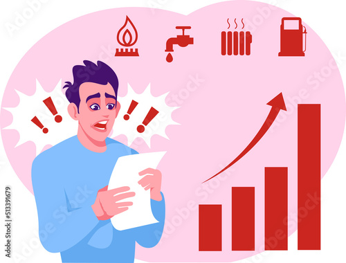 A man is shocked by the rising prices of heating, electricity, gas, water and gasoline.  Big increase in prices for all services and fuel. Stock vector illustration.