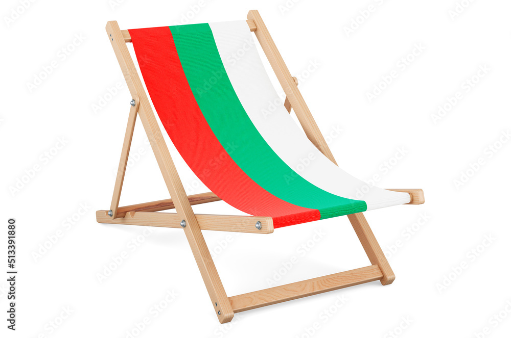 Deckchair with Bulgarian flag. Bulgaria vacation, tours, travel packages, concept. 3D rendering