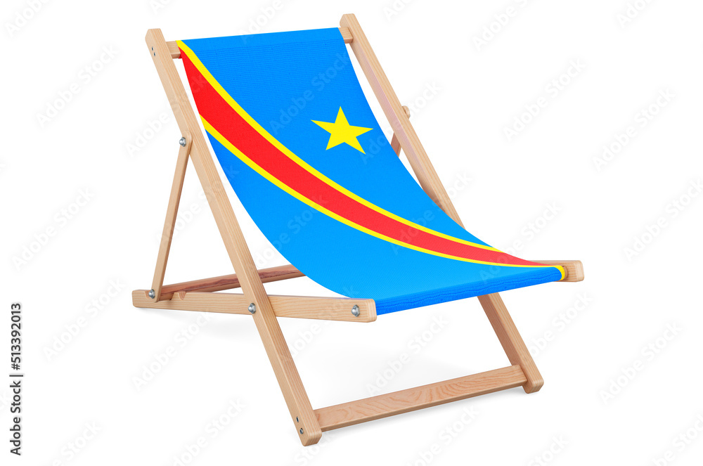 Deckchair with Congolese Democratic Republic flag. Democratic Republic of the Congo vacation, tours, travel packages, concept. 3D rendering