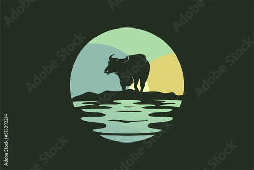 Cow or buffalo logo night landscape design. Buffalo silhouette blends with night landscape vector illustration.