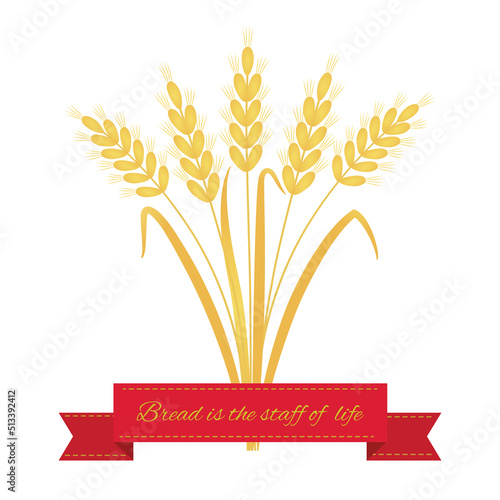 Vector graphic illustration with ears of wheat  red ribbon and a quote on a white background