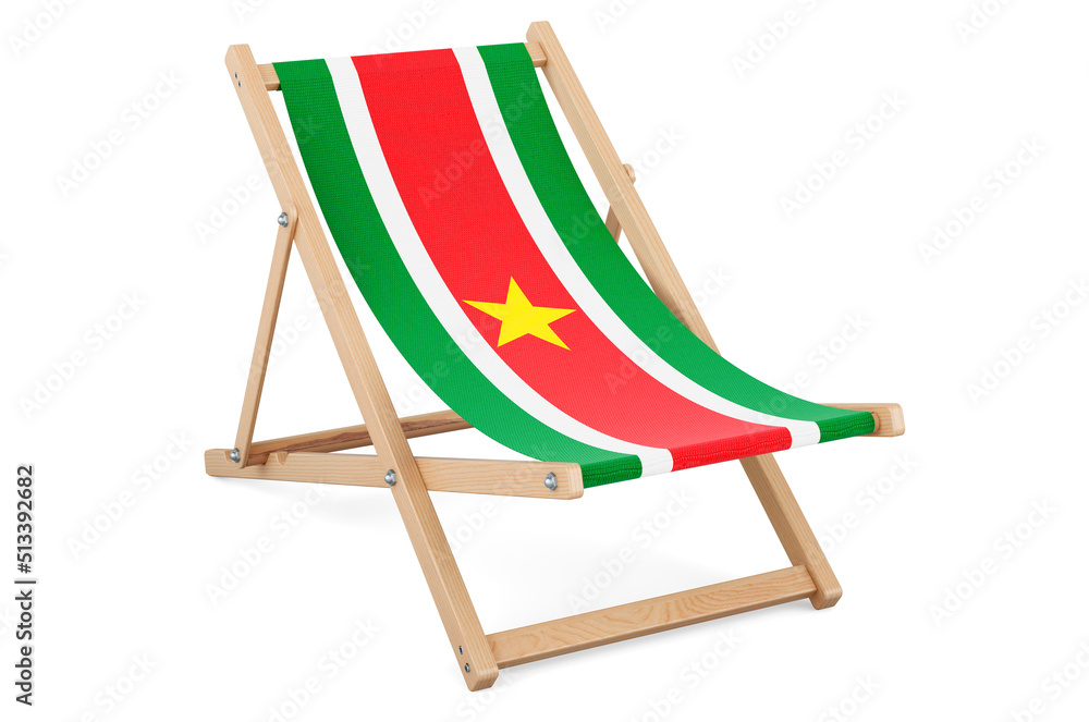 Deckchair with Surinamese flag. Suriname vacation, tours, travel packages, concept. 3D rendering