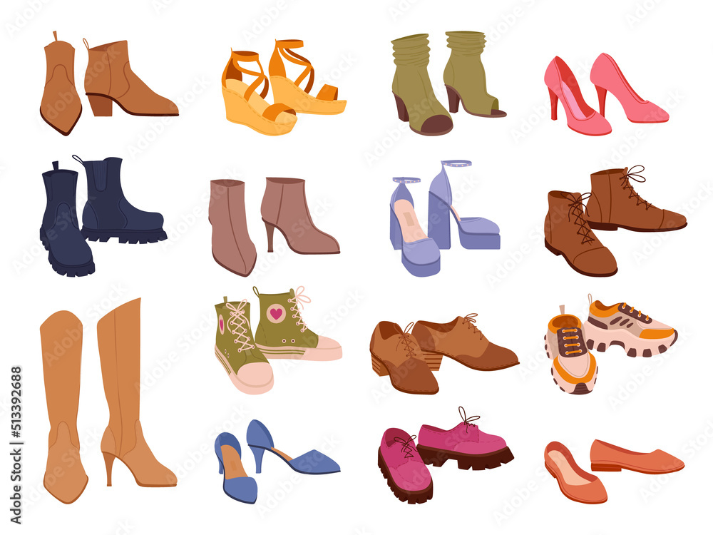 Cartoon footwear, modern shoes, boots, sneakers and clogs. Male and female fashion shoes, casual seasonal footwear vector symbols illustrations set. Fashionable shoe collection