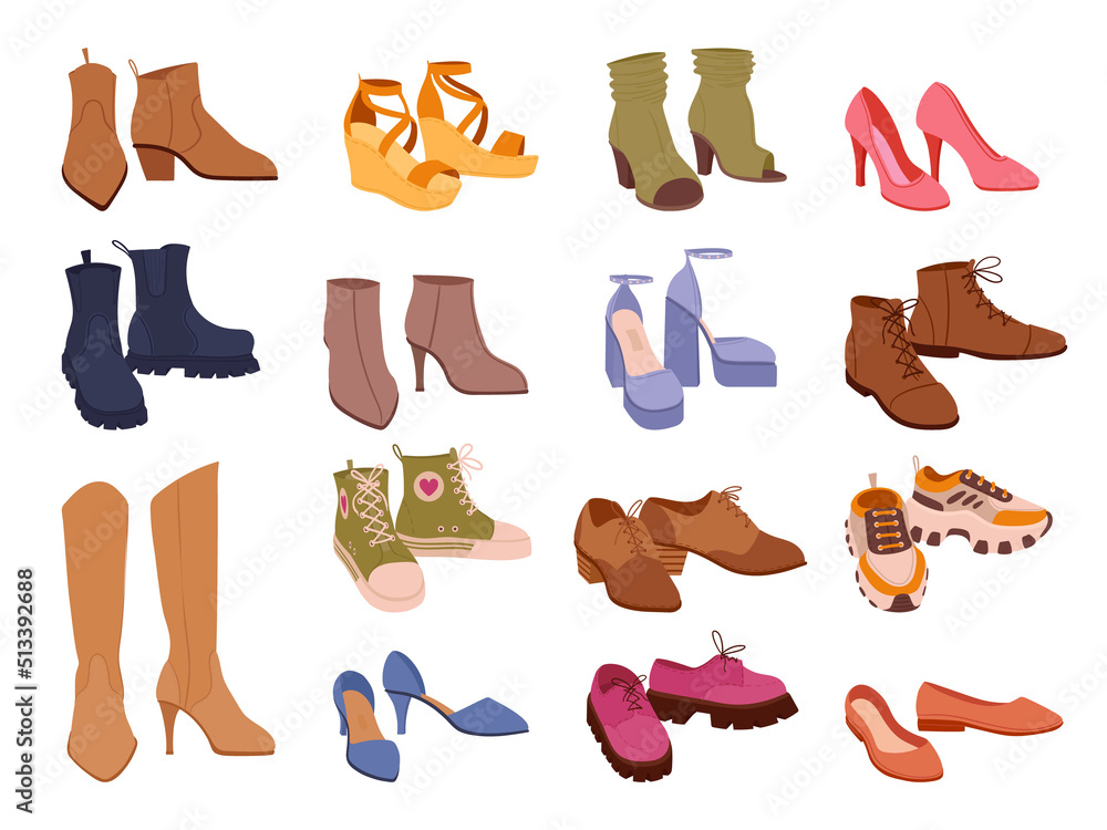 Cartoon footwear, modern shoes, boots, sneakers and clogs. Male and female fashion shoes, casual seasonal footwear vector symbols illustrations set. Fashionable shoe collection Cartoon footwear, modern shoes, boots, sneakers and clogs. Male and female fashion shoes, casual seasonal footwear vector symbols illustrations set. Fashionable shoe collection