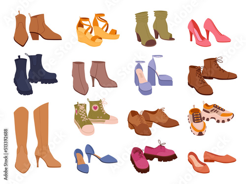 Cartoon footwear, modern shoes, boots, sneakers and clogs. Male and female fashion shoes, casual seasonal footwear vector symbols illustrations set. Fashionable shoe collection