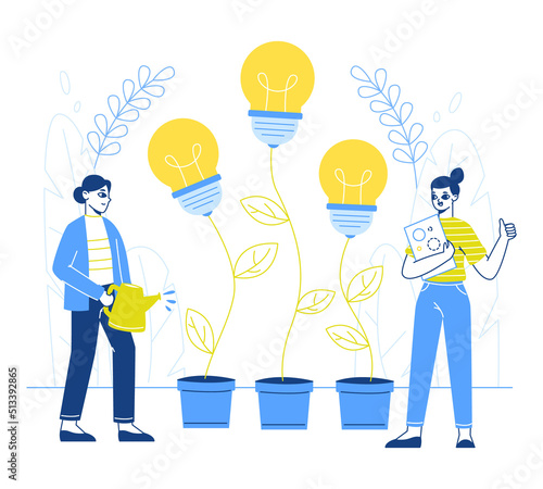 Creative idea generating, people grow and cultivate light bulb ideas plants. Characters plant good ideas vector symbols illustration. Brilliant ideas cultivating