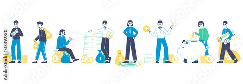 People with money, business people make, save or invest money. Financial success, earnings and business profit vector symbols illustrations set. Financial well-being collection