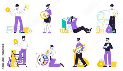 Successful rich people with money, financial well-being, money savings. Characters making, saving or investing money vector symbols illustrations set. Financial success bundle