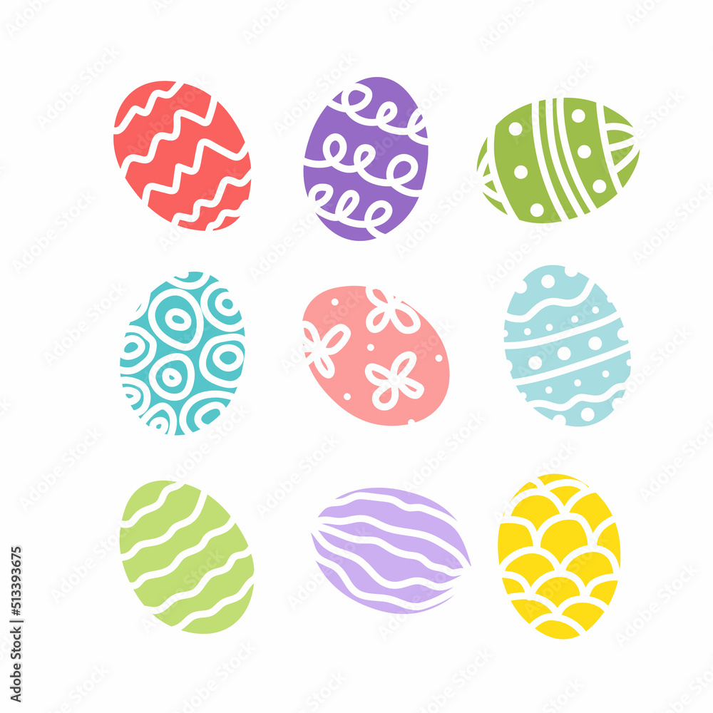 Easter eggs. Colorful bright multicolored decorated egg set. Flat, cartoon, isolated