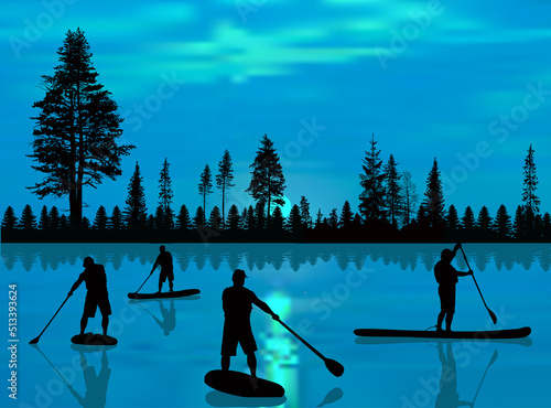 four rowing men on paddle board near dark forest