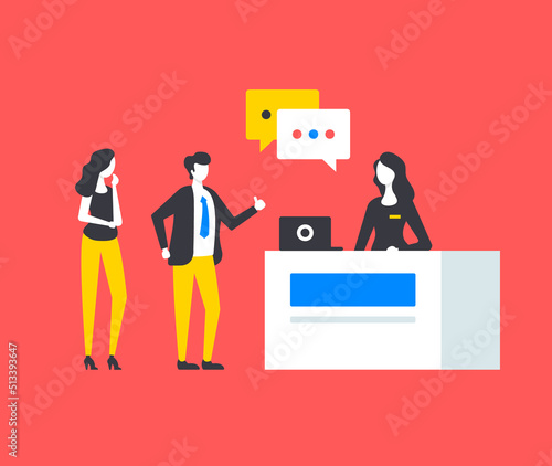Reception. People and receptionist at desk. Modern graphic elements set. Vector illustration