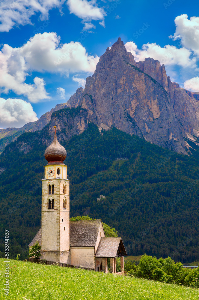 St Valentine's Church, Seis am Schlern, Italy, with the Impressive Mountain Schlern in the Background