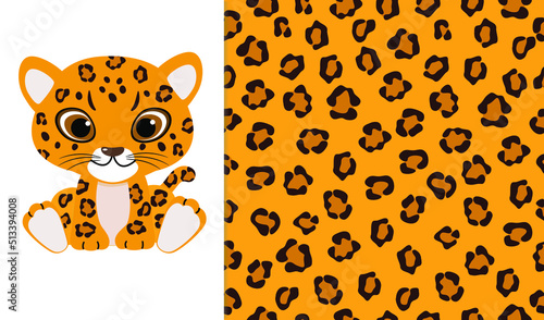 Cute leopard baby and leopard skin seamless pattern background. Vector illustration of wild animal in childish cartoon flat style.