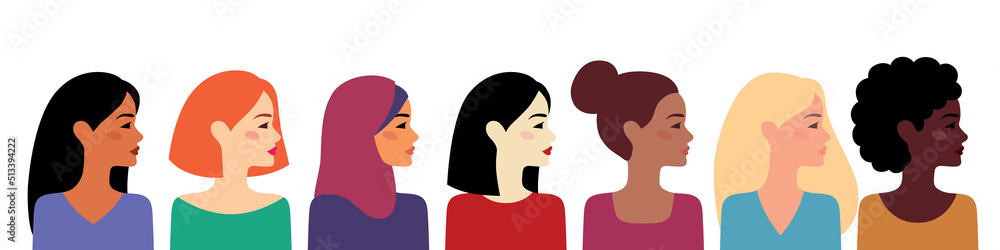 Multiethnic women group. Different ethnicity, beauty, hair and skin color. The concept of woman, femininity, diversity, independence and equality. International Women's Day. Vector illustration. Multiethnic women group. Different ethnicity, beauty, hair and skin color. The concept of woman, femininity, diversity, independence and equality. International Women's Day. Vector illustration.