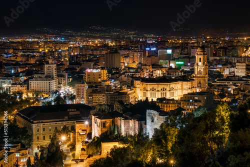 Nightshot of Malaga, Spain, with the Cathedral and the City Center