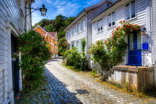 Beautiful Cobbled Street in the Southern Norwegian Town Mandal photo