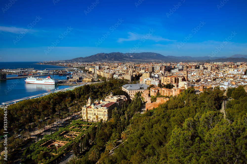 View of the City of Malaga, Spain, with the Cathedral, the City Center, and the Harbor