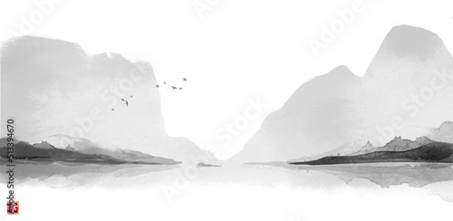 Landscape with misty mountain over the water. Traditional oriental ink painting sumi-e, u-sin, go-hua. Hieroglyph - happiness.