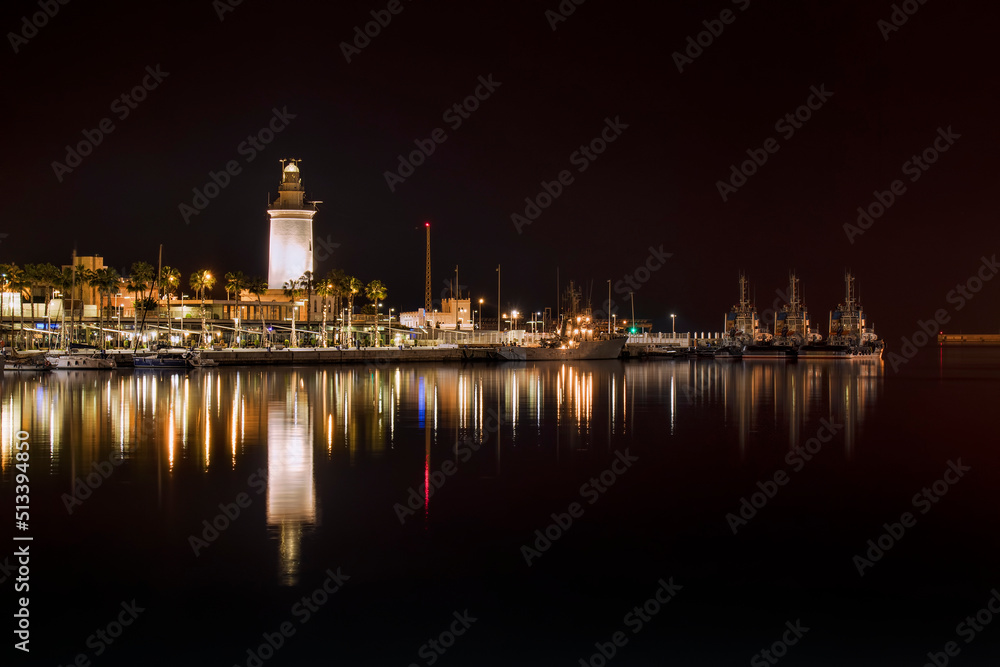 Nightshot of the Harbor of Malaga, Spain