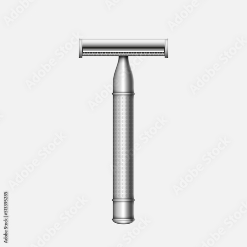 Realistic male metal razor for wet shaving. Sharp shave equipment for hygiene or hairstyle