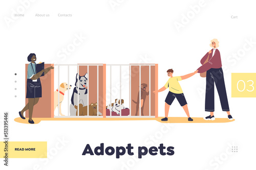 Adopt pet concept of landing page with dog shelter interior and girl volunteer show puppy to family