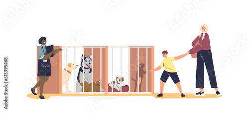 Dog shelter interior with girl volunteer show puppies to happy family. Mother and kid adopting pet