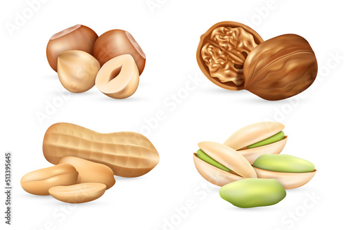 Set of realistic nuts peanut, pistachio, walnut and hazelnut seed, kernel and shell isolated