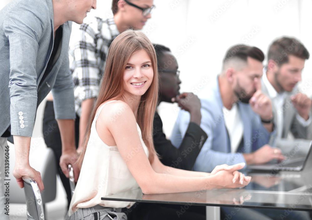 Businesspeople with digital computer having meeting In office Businesspeople with digital computer having meeting In office