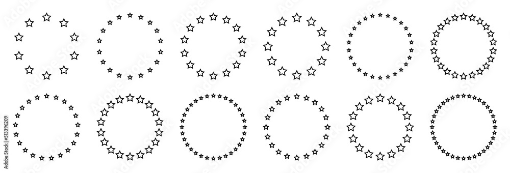 Stars of various sizes arranged in a circle. Round frame, border. Black star outline, simple symbol. Design element, ornament. Line art. Vector illustration Stars of various sizes arranged in a circle. Round frame, border. Black star outline, simple symbol. Design element, ornament. Line art. Vector illustration