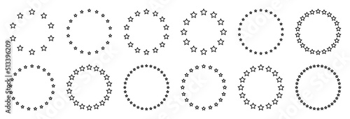 Stars of various sizes arranged in a circle. Round frame, border. Black star outline, simple symbol. Design element, ornament. Line art. Vector illustration