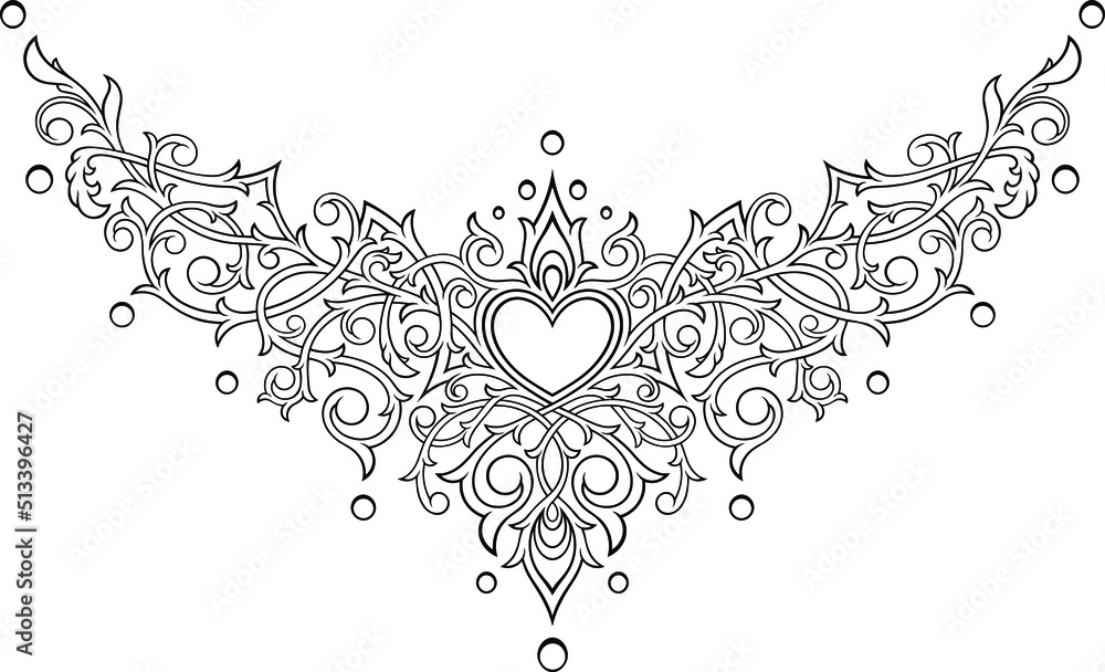 Victorian Gothic ornamental pattern with heart. Tattoo under breast