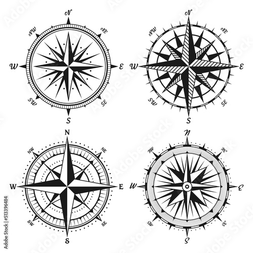 Vintage marine wind rose, nautical chart. Monochrome navigational compass with cardinal directions of North, East, South, West. Geographical position, cartography and navigation. Vector illustration.