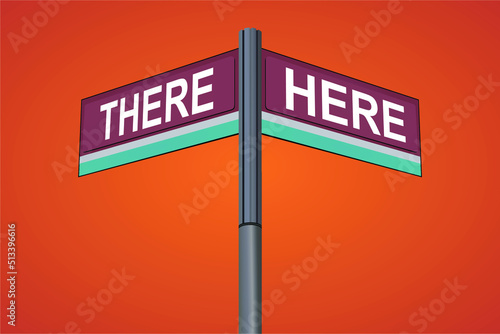 There on one side with Here another direction, chrome road sign, with read and green direction arrow labels, Halloween Orange Background.