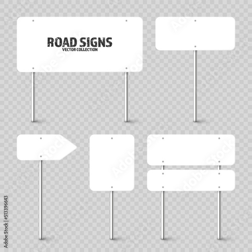 Various road, traffic signs. Highway signboard on a chrome metal pole. Blank white board with place for text. Directional signage and wayfinder. Information sign mockup. Vector illustration